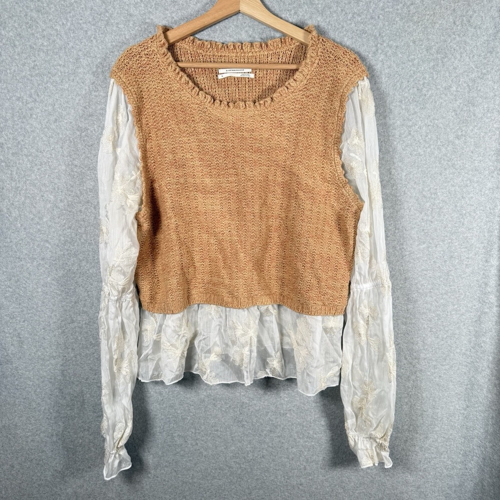 Anthropolgie twofer sweater blouse womens XL brown sheer floral sleeve top